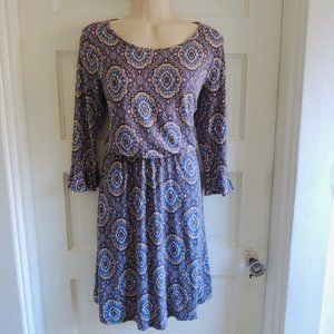 Everly Blue & Gold Moroccan Print Rayon Blouson Dress 3/4 Sleeve M